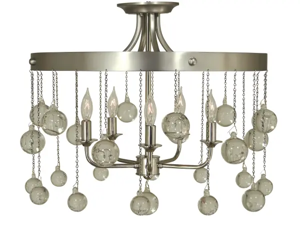 Glass balls in multiple diameters appear to fall from the metal frame. All framburg lighting products are made in the U.S.A