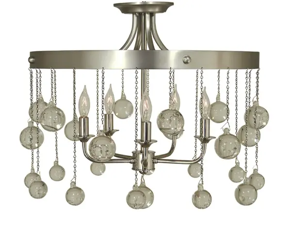 The Falling Stars semi-flush mount combines satin pewter and polished nickel finishes in a sophisticated 20-inch design. Five candelabra lights create ambient illumination perfect for medium-sized spaces with standard ceilings.