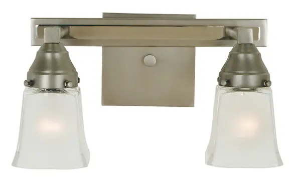 The Mercer sconce combines satin pewter and polished nickel finishes with frosted glass shades for a sophisticated transitional look. Its compact 13.5-inch width makes it ideal for bathrooms and hallways while providing ample illumination.