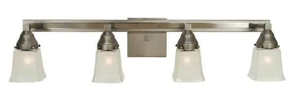 The Mercer sconce combines satin pewter and polished nickel finishes for a refined transitional aesthetic. Its 32-inch width and four frosted glass shades provide excellent illumination for larger vanities and spaces.
