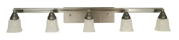 The Mercer 5-Light Sconce delivers exceptional illumination across a 48-inch span, perfect for double vanities and master bathrooms. Its transitional design pairs satin pewter with polished nickel accents and frosted glass shades for even, flattering light.