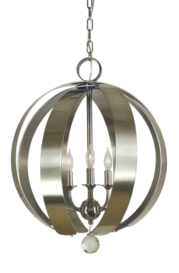 Thick brass straps in mixed metal finishes encase a chandelier. All Framburg lighting fixtures are hand made in the U.S.A.