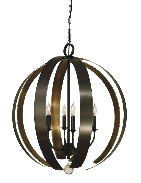 Thick brass straps in mixed metal finishes encase a chandelier. All Framburg lighting fixtures are hand made in the U.S.A.