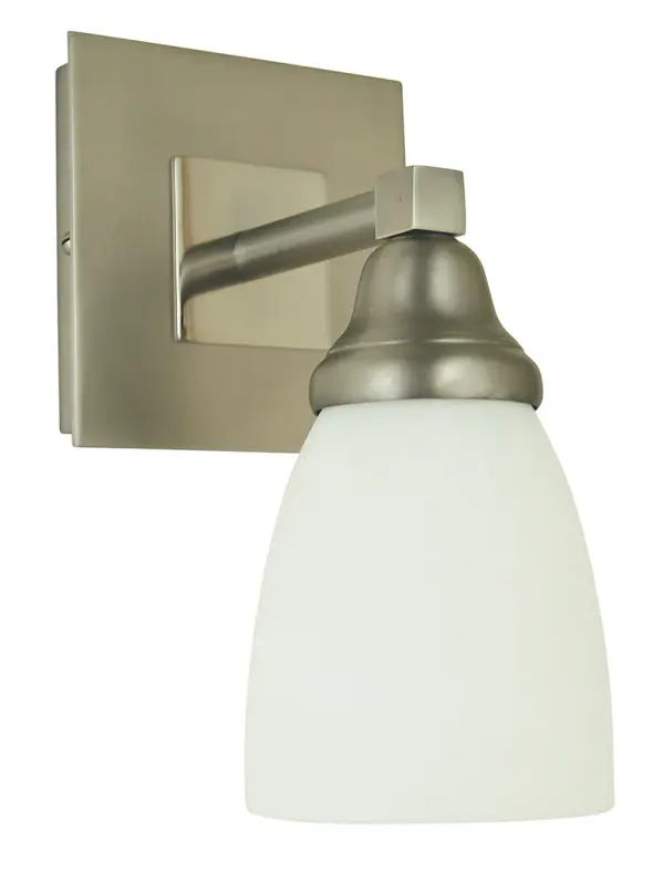 The Mercer sconce combines satin pewter and polished nickel finishes with white glass for a sophisticated look. Its compact 5-inch width makes it ideal for bathrooms and hallways where space is limited.