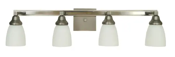 The Mercer sconce combines sophisticated satin pewter and polished nickel finishes with clean white glass shades, creating a versatile lighting solution perfect for modern bathrooms and vanity areas.