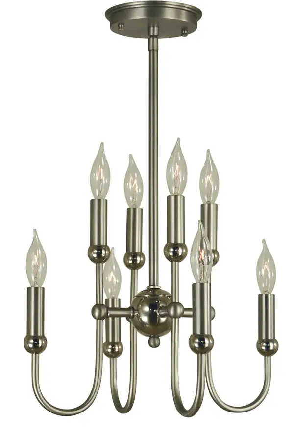 The Nicole Dinette Chandelier combines classic candle-style lighting with a sophisticated two-tone finish. Its compact 13.5-inch width makes it ideal for breakfast nooks and smaller dining areas while providing ample illumination.