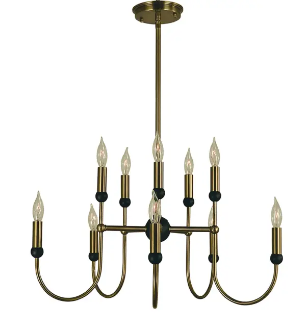 The Nicole chandelier combines warm antique brass with modern matte black in a sophisticated 10-light design. Its 25-inch width and adjustable hanging options make it adaptable to various ceiling heights and room sizes.