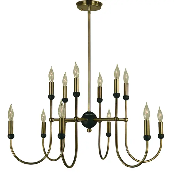 The Nicole chandelier combines antique brass warmth with modern matte black accents in a substantial 30-inch wide design. With 12 candle-style lights and adjustable hanging heights, it delivers dramatic illumination perfect for large dining rooms and grand entryways.