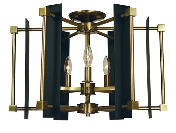The Louvre 5-Light Flush Mount combines antique brass warmth with modern matte black accents in a distinctive louvre-style design. Its 22-inch width and 14-inch height make it ideal for medium-sized spaces.