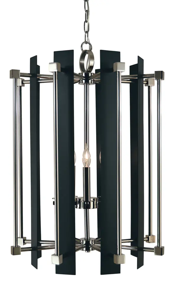 The Louvre 5-Light Chandelier combines polished nickel and matte black finishes for a striking contemporary look. At 20 inches wide and 27 inches high, it provides excellent illumination while making a bold design statement.