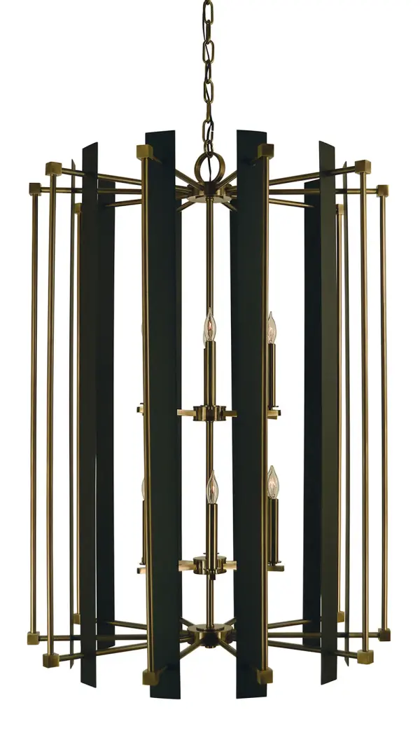 The Louvre chandelier makes a bold architectural statement with its generous 32-inch width and 12 candle-style lights. The striking combination of warm antique brass and modern matte black creates visual depth and versatility.