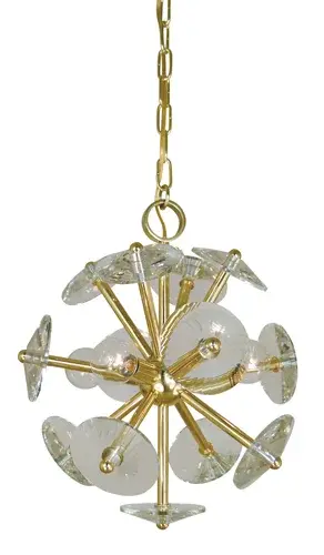 The crystal disks at the end of stems are discreetly faceted to create a shimmering dispersion of light. The main design theme is modern but it is spiced with a touch of glam. Made in the US.