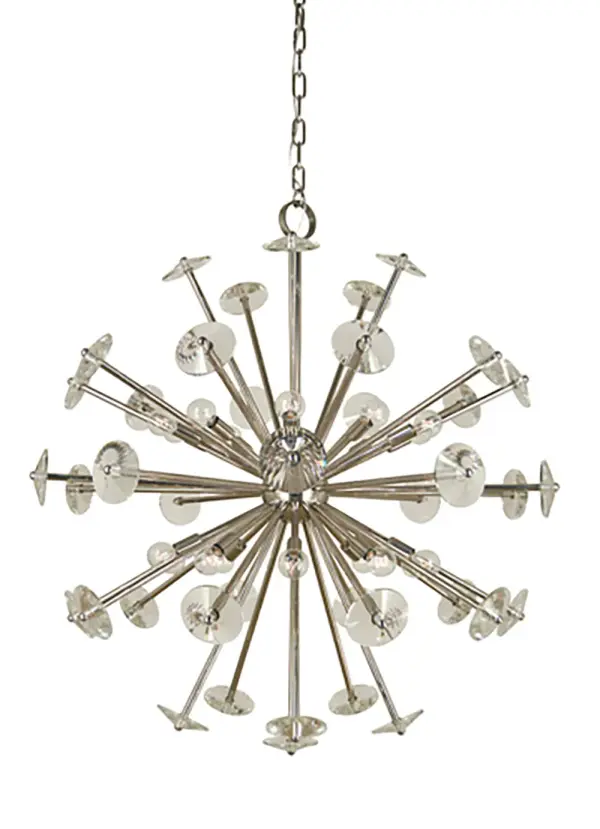 The Apogee foyer chandelier commands attention with 20 lights arranged across its 36-inch width and impressive 40-inch height. Designed for grand entryways and two-story spaces, this substantial fixture delivers maximum impact in polished nickel.