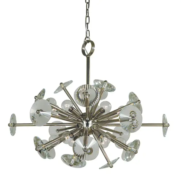 The Apogee chandelier delivers dramatic illumination with 12 lights arranged in a sophisticated 28-inch design. Its polished nickel finish brings refined elegance to dining spaces, while the substantial scale makes it perfect for larger rooms.