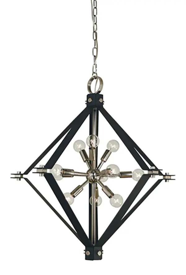 The Axis chandelier combines polished nickel and matte black finishes for a sophisticated contemporary look. With 11 lights providing ample illumination, this fixture makes a bold statement in dining rooms and entryways.