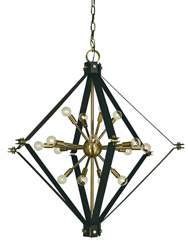 The Axis foyer chandelier makes a dramatic architectural statement with 16 lights arranged in a contemporary geometric design. The mixed metal finish of antique brass and matte black creates visual depth and modern sophistication.