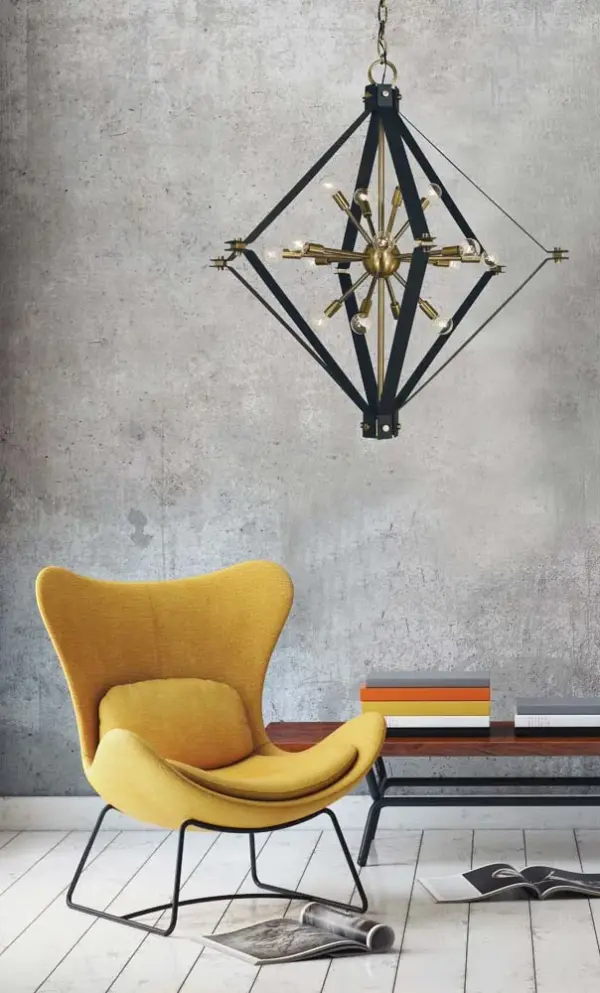 The Axis foyer chandelier makes a dramatic architectural statement with 16 lights arranged in a contemporary geometric design. The mixed metal finish of antique brass and matte black creates visual depth and modern sophistication. - alternate view