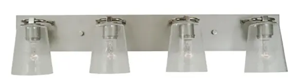 The Mercer bath sconce combines satin pewter and polished nickel finishes with clear seedy glass shades for a refined transitional look. At 36 inches wide, it's ideal for double vanities and master bathrooms.
