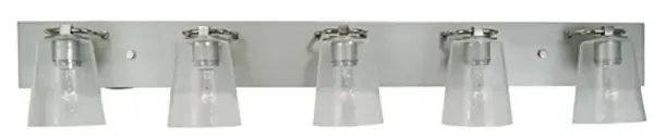 The Mercer 48-inch bath sconce combines satin pewter and polished nickel finishes with clear seedy glass shades for a sophisticated transitional look. Perfect for large vanities requiring substantial illumination.