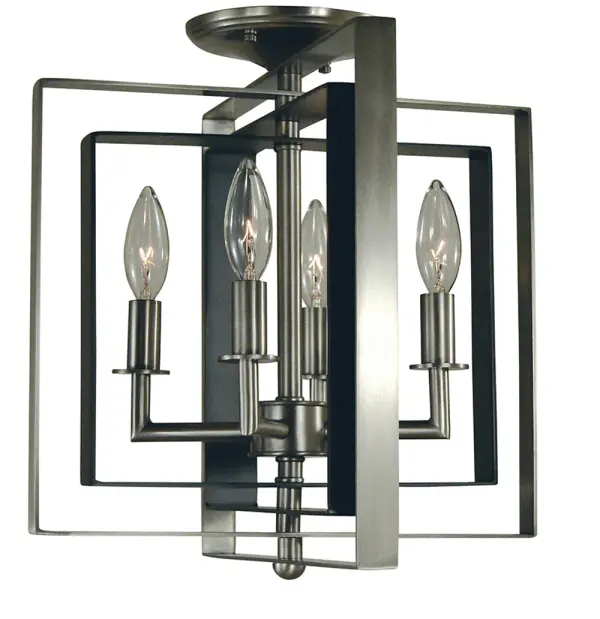 The Symmetry 4-Light fixture offers flexible mounting as either flush or semi-flush, featuring a sophisticated brushed nickel and matte black finish. Its compact 14-inch profile makes it ideal for smaller spaces requiring stylish overhead lighting.