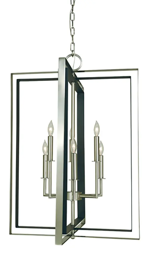 The Symmetry chandelier combines brushed nickel and matte black finishes for a striking two-tone aesthetic. With six candle-style lights and a 22-inch width, it delivers elegant illumination perfect for dining spaces and entryways.