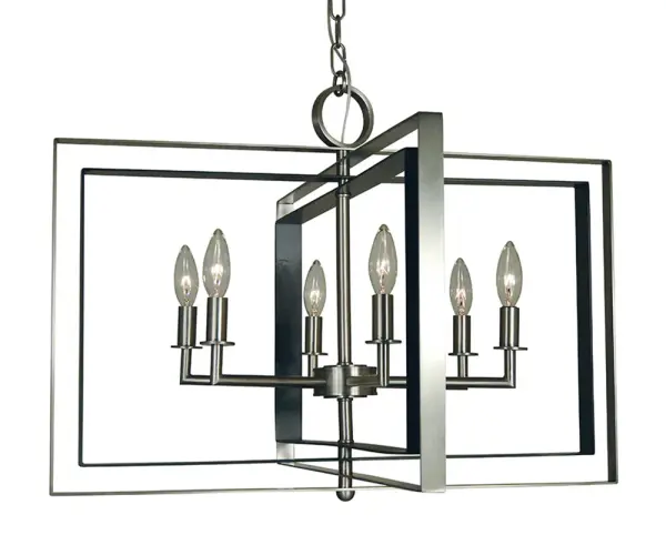 The Symmetry chandelier combines brushed nickel and matte black finishes in a contemporary geometric design. With six candelabra lights and a 26-inch width, it provides excellent illumination for medium-sized dining spaces.