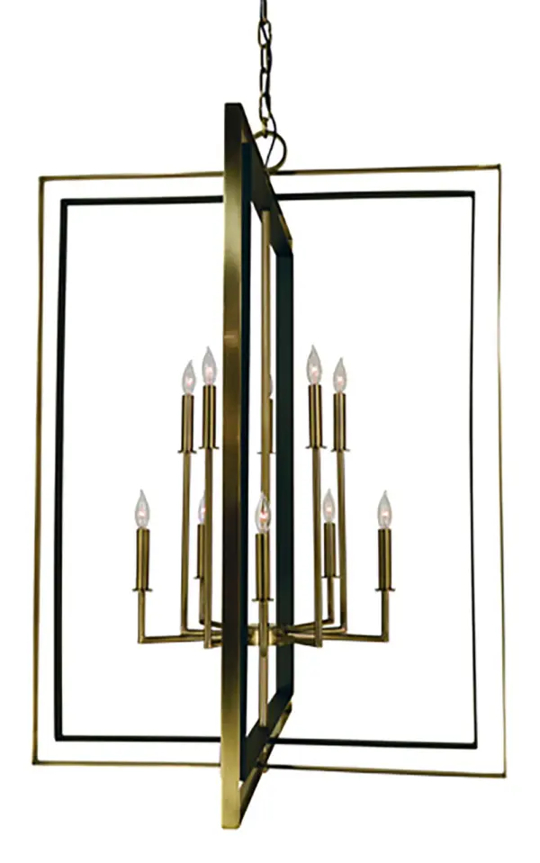 This impressive 10-light foyer chandelier combines antique brass and matte black finishes for a striking transitional aesthetic. At 33 inches wide and 45 inches tall, it commands attention in grand entryways and foyers.