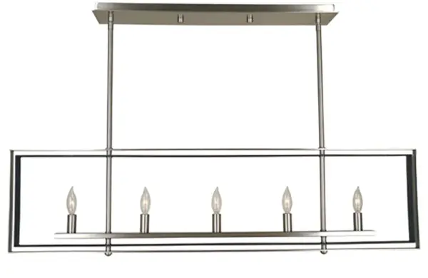 The Symmetry Island Chandelier combines brushed nickel and matte black finishes in a clean linear design perfect for contemporary kitchens and dining spaces. Its 40-inch width and adjustable height make it versatile for various ceiling heights.