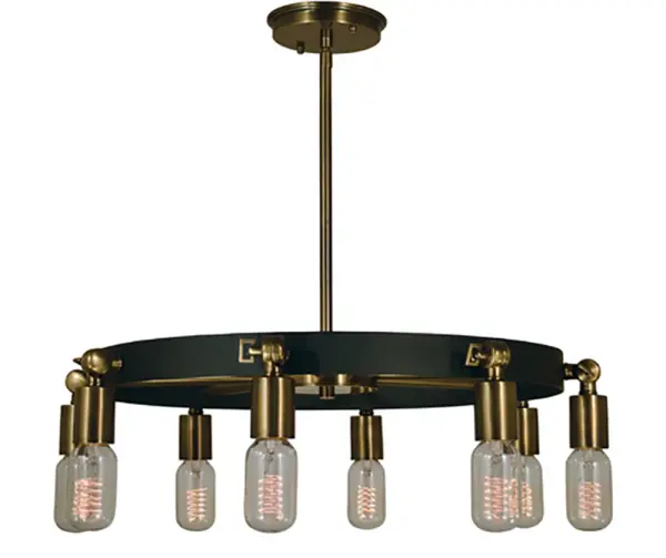 The Felix 8-Light Chandelier combines warm antique brass with modern matte black for a striking transitional aesthetic. With 23-inch width and adjustable drop lengths, it offers flexible installation for various ceiling heights.