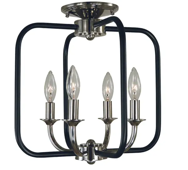 The Boulevard 4-Light offers flexible installation as either flush or semi-flush mount, featuring a sophisticated polished nickel and matte black finish. Its compact 14-inch profile suits smaller spaces while providing ample illumination.