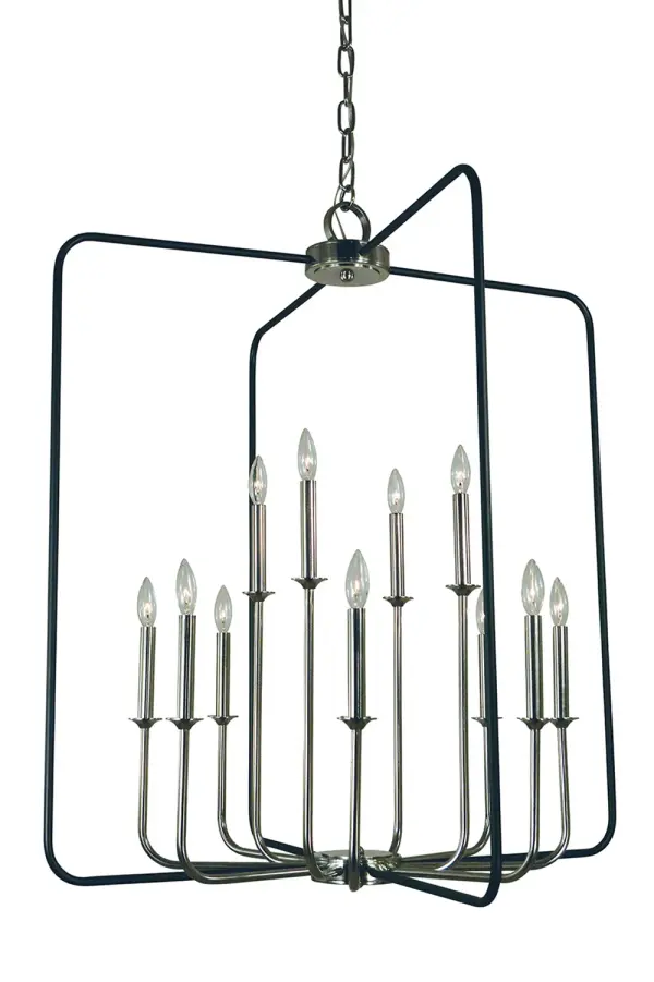 The Boulevard foyer chandelier makes a bold architectural statement with 12 candle-style lights arranged in a sophisticated mixed-metal design. Its substantial 34-inch width and dramatic vertical presence create impressive visual impact.
