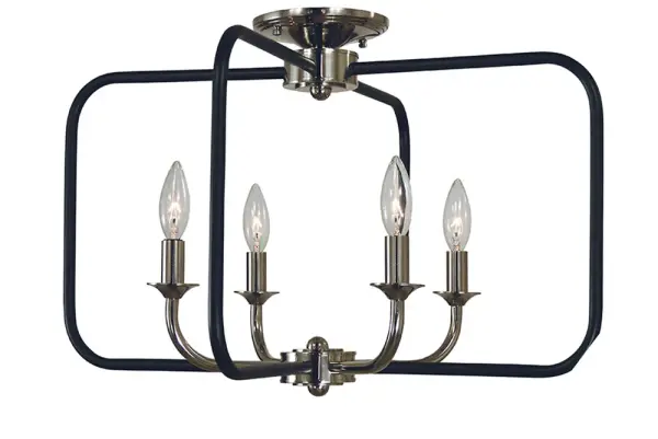 The Boulevard 4-Light fixture offers flexible installation as either flush or semi-flush mount, featuring a sophisticated polished nickel finish with matte black accents. Its 22-inch width makes it ideal for medium-sized spaces.