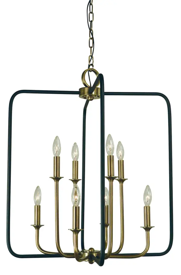 The Boulevard 8-light chandelier combines antique brass warmth with matte black accents for a striking transitional design. At 24 inches wide, it's perfectly scaled for medium dining spaces while the adjustable 6-foot chain offers installation flexibility.