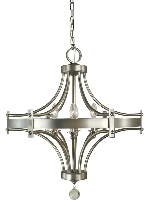 The Regent chandelier combines satin pewter and polished nickel finishes for sophisticated visual interest. Its 24-inch width and 6-light configuration provide ample illumination for medium-sized dining areas while maintaining an elegant profile.
