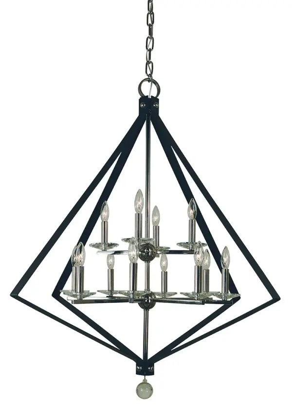The Ice collection chandelier makes a bold architectural statement with 12 candle lights arranged in a striking 38-inch wide design. The polished nickel and matte black two-tone finish adds contemporary sophistication to grand spaces.