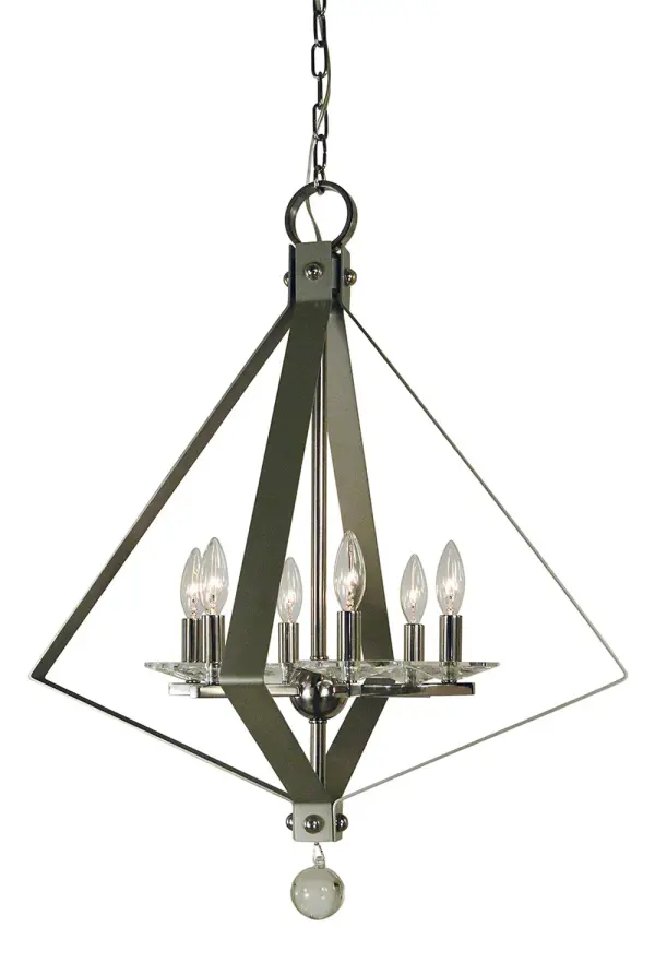 The Ice collection chandelier combines polished nickel and satin pewter finishes for sophisticated visual interest. With 6 candle-style lights and a 24-inch width, it's perfectly scaled for medium dining rooms and kitchen islands.