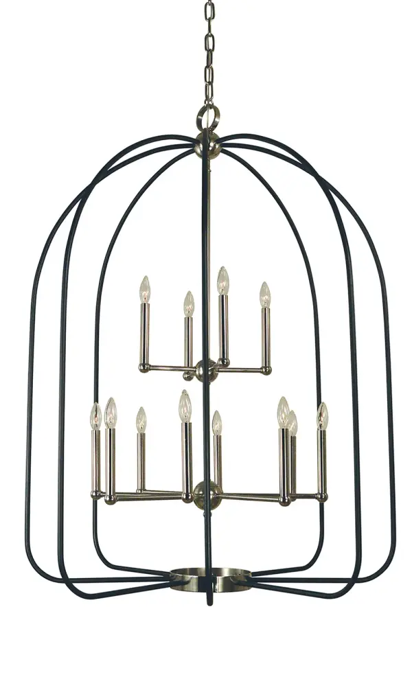 This impressive 12-light foyer chandelier combines polished nickel and matte black finishes for a striking transitional aesthetic. At 36 inches wide and extending up to 121 inches, it's designed for grand spaces with high ceilings.