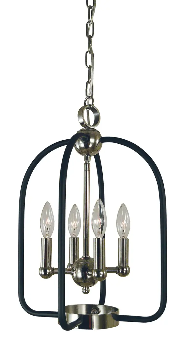 The Boulevard 4-Light Chandelier combines polished nickel and matte black finishes for a sophisticated transitional look. Its compact 13-inch width makes it ideal for breakfast nooks and smaller dining areas.