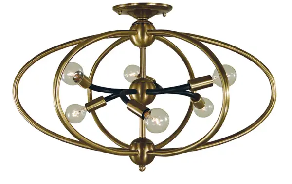 The Orbit 6-Light fixture combines antique brass warmth with modern matte black accents in a distinctive geometric sphere design. Its dual-mount capability and 23-inch diameter make it versatile for various ceiling heights.
