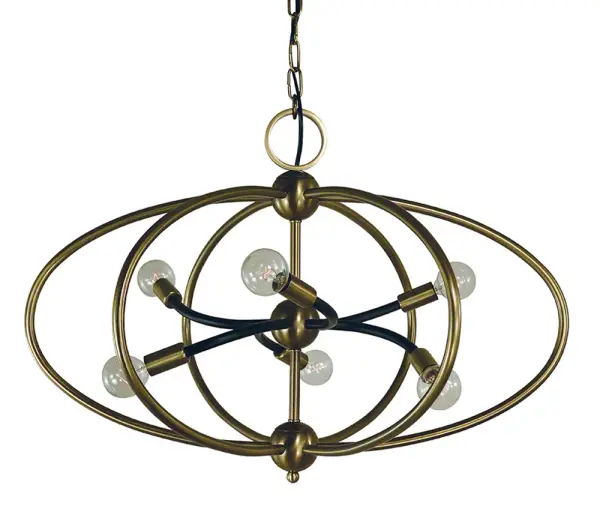 The Orbit chandelier combines antique brass and matte black finishes in a contemporary geometric design. With 6 lights and a 26-inch width, it provides excellent illumination for medium-sized dining spaces while making a bold style statement.