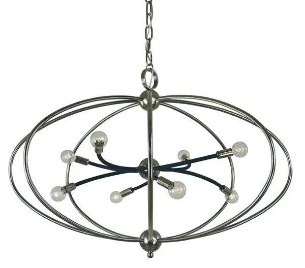 The Orbit chandelier makes a dramatic statement with its mixed-metal finish and contemporary geometric form. Eight lights provide ample illumination while the polished nickel and matte black combination adds sophisticated contrast.