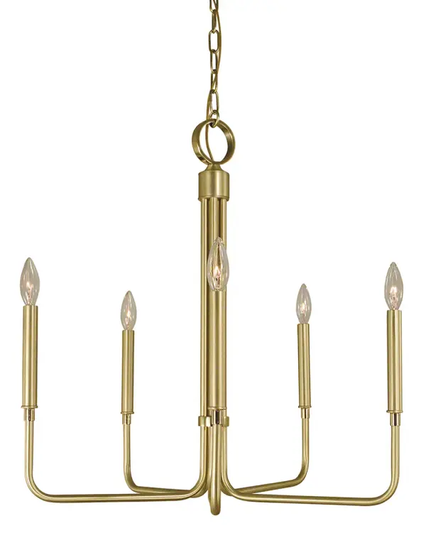 The Lara 5-Light Chandelier combines satin and polished brass finishes for sophisticated visual interest. Its 24-inch diameter makes it perfectly sized for medium dining spaces, while the adjustable 3-foot chain allows customization for various ceiling heights.