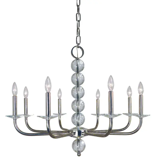 The Glamour chandelier delivers sophisticated illumination with eight candle-style lights in a refined polished nickel finish. Its 32-inch width makes it perfectly proportioned for medium to large dining spaces, while the adjustable chain accommodates various ceiling heights.