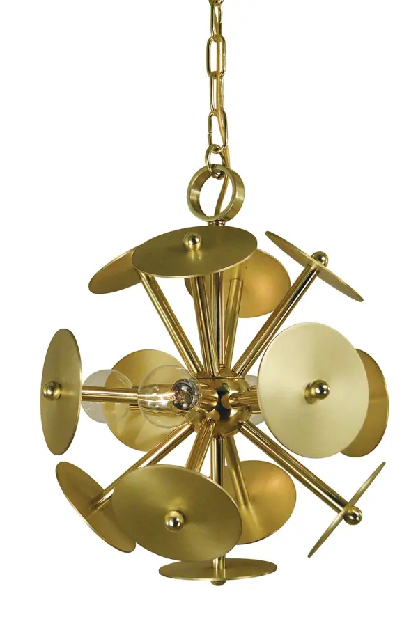 The Apogee 4-Light Chandelier combines polished and satin brass finishes for sophisticated visual interest. Its compact 13-inch width makes it perfect for breakfast nooks and smaller dining spaces.