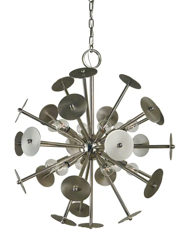 The Apogee chandelier combines polished nickel and satin pewter finishes for a refined contemporary look. With 12 lights and a 26-inch width, it provides excellent illumination for medium-sized dining spaces.