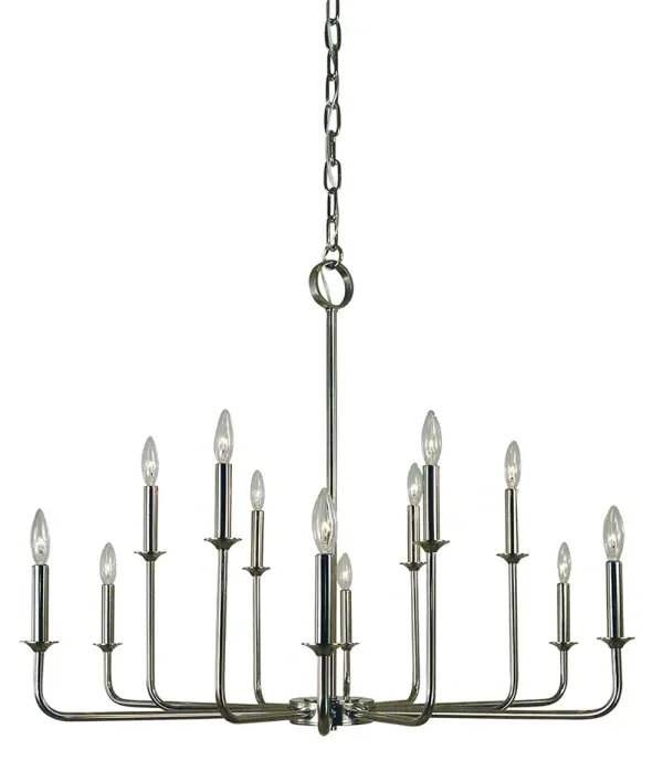 The Boulevard chandelier delivers impressive scale and elegance with 12 candle-style lights arranged in a 36-inch wide frame. Its polished nickel finish and substantial 28-inch height create a commanding presence perfect for large dining rooms and formal entertaining spaces.