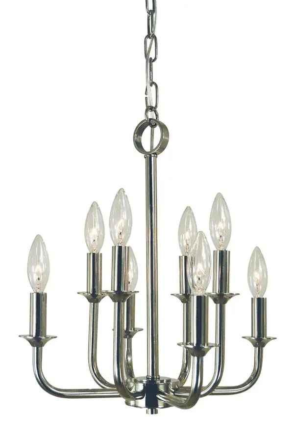 The Boulevard 8-Light Chandelier delivers sophisticated style in a compact 14-inch frame. Its polished nickel finish and clean lines make it versatile for transitional to modern interiors, ideal for smaller dining areas or breakfast nooks.