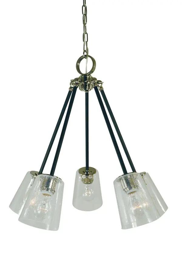 The Felix chandelier combines polished nickel and matte black finishes for a striking two-tone look. Five clear seedy glass shades provide warm, diffused light perfect for dining spaces. The 24-inch width suits medium-sized rooms beautifully.