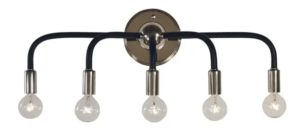 The Candide sconce combines polished nickel and matte black accents for a refined transitional look. With five lights spanning 22 inches, it provides substantial illumination while maintaining an elegant profile perfect for bathrooms and hallways.