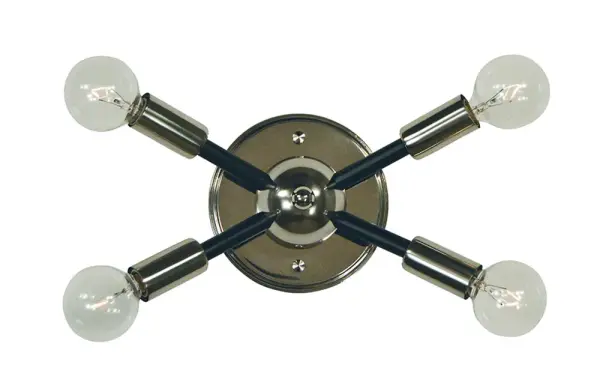 The Simone 4-Light Sconce combines polished nickel and matte black accents for a sophisticated transitional look. Its compact 14-inch width and four-bulb configuration provide excellent illumination for bathrooms and hallways.